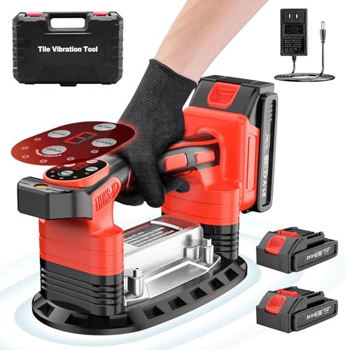 Labfintom Fliesenlegewerkzeug, Automatischer Flieseninstallationswerkzeug mit 2 Batterien, 12 Zoll Saugnapf für Fliesen-Nivellierung (rot mit zwei Batterien)