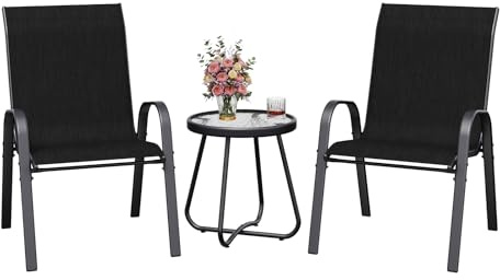 Amopatio Ensemble de 3 meubles de balcon, petit set bistro avec table bistro et 2 chaises de jardin empilable en Textilene et structure métallique, mobilier de jardin résistant aux intempéries pour