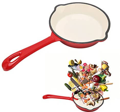 Fuerdich Enamel Pan, Enamel Frying Pan, Non Stick Frying Pan, 16cm Red Cast Iron Pan, One-Piece Frying Pan Thickened Enamel Pan, Long Handle Enamel Frying Pan for Daily Cooking and Outdoor Camping