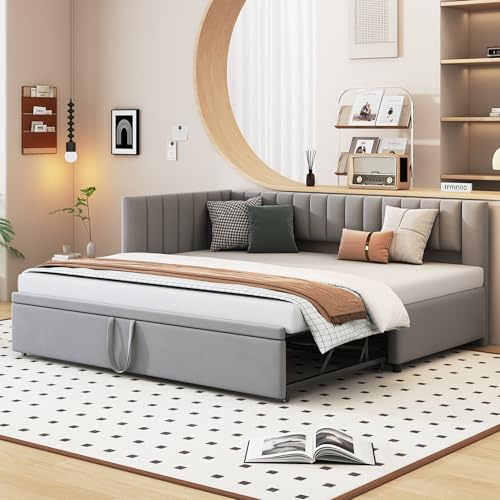 Kinderbett Polsterbett 90/180x200 cm, Schlafsofa mit Ausziehbett, L-förmiges Sofabett Tagesbett Gästebett mit Lattenrost, Multifunktionsbett aus hautfreundlichem Samtstoff, Ohne Matratze (Hellgrau)