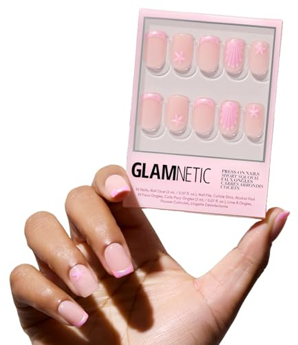 Glamnetic Press On Nails - Blush Dunes | Short Squoval Fake Nails with Pink French Tips and 3D Accents, Salon Quality Summer Nails | 15 Sizes - 30 Nail Kit with Glue