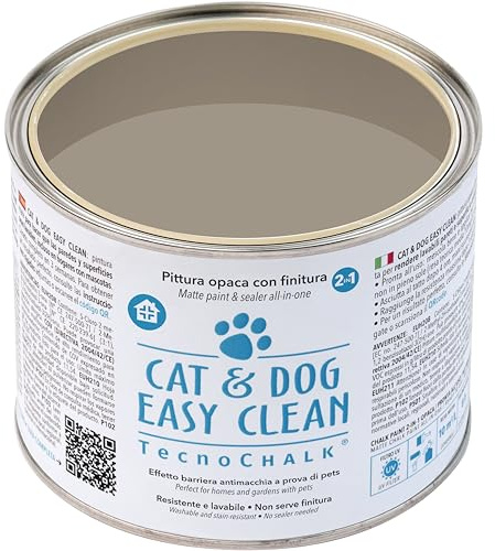 TecnoChalk® Pittura Opaca Antimacchia CAT & DOG EASY CLEAN® - Rende Lavabili Pareti e Superfici Porose - Crea una Barriera Antisporco - Per Casa e Giardino, a Prova di Pets! Tortora (500 ml)