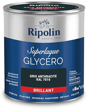RIPOLIN Boiseries et Structures Métalliques Gris Anthracite Ral 7016 0,5 L | Tendu, Résistance Accrue, Très Lessivable, Résistance aux Taches, Finition Brillante, Intérieur/Extérieur, Brillant