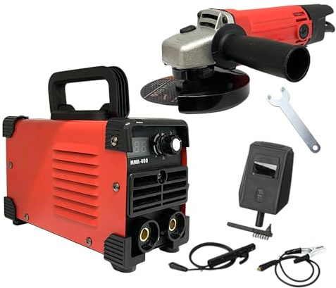 Kit 2 in 1 Mini Saldatrice inverter ad Elettrodo 400 Ampere con display LCD digitale con Cavi e Maschera + Flex Smerigliatrice Angolare 115mm 1000W ideale per Fabbro, Fai da te