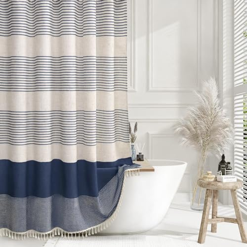 XOGUIBO Navy Blue Shower Curtain Linen Coastal Ocean Striped Shower Curtains for Bathroom with Tassel 72 X 72