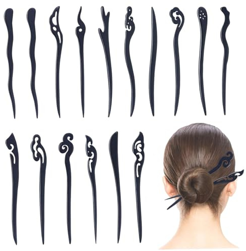 16Pcs Chinese Hair Sticks, Black Plastic Hair Chopsticks for Women 16 Styles Vintage Sticks for Buns Pins Barrettes for Long Styling Accessories