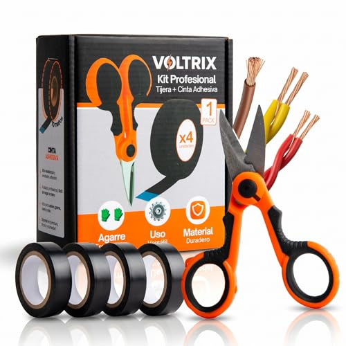 VOLTRIX | Tijeras Electricista Profesional + 4 Cintas Aislantes + Funda – Tijera Electricista para Cortar y Pelar Cables – Acero Inoxidable Microdentado – Kit Herramientas Electricista