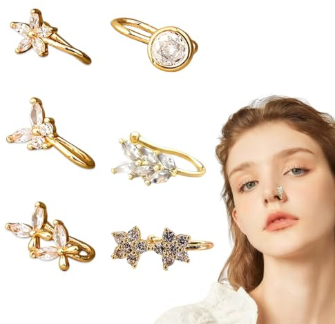 YUVKIN 6 piezas G23 titanio falso piercing nasal, hipoalergénico, delgado, pequeño y cómodo, joyería para cartílago y hélice (18G/20G), Anillos y Pendientes de Aro, 316L Acero Quirúrgico (8 mm) (Oro)