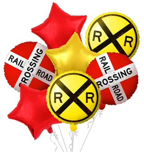 7 Pcs Railroad Crossing Balloons - Double Side Train Balloons for Train Birthday/Transportation Decorations/Railway Crossing Party/Railway Choo Choo Train Traffic Sign Party Decorations