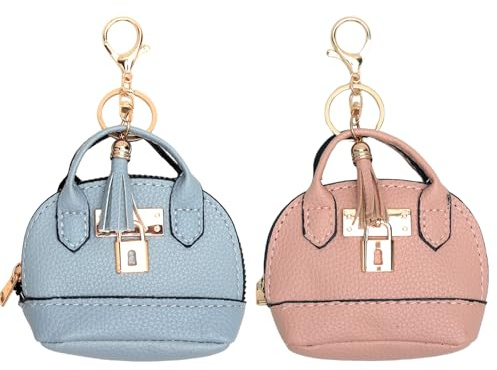 Lot de 2 mini sacs porte-clés pour femme - En cuir - Mini sac à main - Pendentif de sac - Peut être offert à votre femme, vos amis et vos enfants (rose + bleu clair)