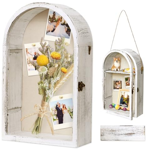 Dremisland 3D Bilderrahmen zum Befüllen Blumen Große Schattenbox Weiß | Tiefer 8cm Vitrine Rahmen mit Flügeltür Bilderrahmen Hölzern Objektrahmen Fotorahmen Medaillen Blumen Fotos Erinnerungsbox
