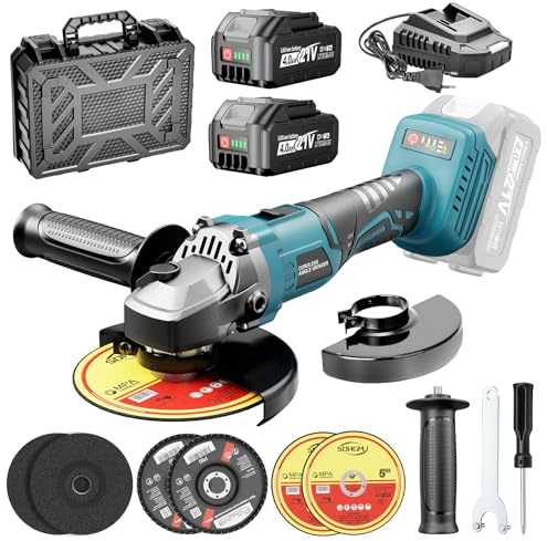 Yofuly Amoladora Angular Batería 125mm Compatible con Baterías Makita de 18V, 3 Velocidades 9000RPM Radial Eléctrica con Bateria de 2 * 4,0 Ah, Rebarbadora Bateria 6 Discos para Pulir/Lijar/Cortar