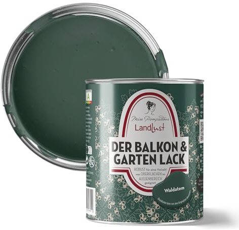 MissPompadour Balkon & Garten Außenlack Waldatem Grün 1 L | Wasserbasiert, seidenmatt, Holzlack mit UV Schutz, für Holz, Metall, Hart PVC, Fliesen und steinartige Untergründe