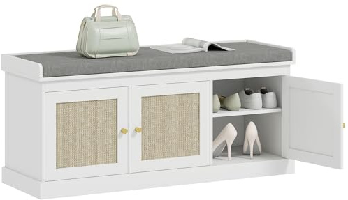 HOMCOM - Banco para zapatos (9 pares, banco de almacenamiento, asiento acolchado, 3 puertas de ratán, cojín y estante ajustable, estilo bohemio, para entrada, pasillo, 105 x 35 x 47 cm, color blanco