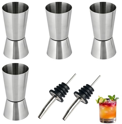 4 PCS 25ml/50ml Spirit Measure Cups with 2 PCS Bottle Pourers, Stainless Steel Measuring Tools, Bar Accessory for Accurate Alcohol Measurement at Home, Party and Daily Gathering