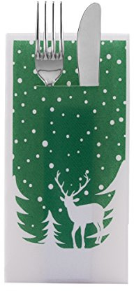 Sovie HORECA Besteckserviette Marvin in Grün aus Linclass-Airlaid, 40 x 40cm, 1/8 Falz, 100 Stück, weihnachtliches Design mit Hirsch, Schneeflocken und Tannenwald für Festliche Tischdekoration