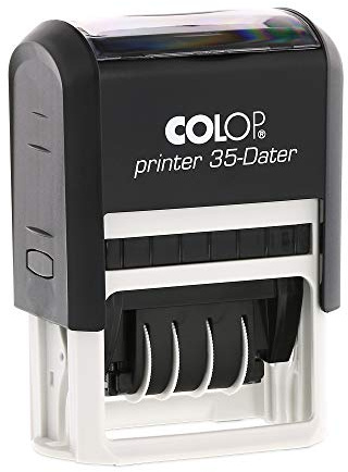 Datumstempel mit Wunschtext ab 2026, 4 Zeilen, Printer 35, 50 x 30 mm | Datumsstempel mit individuell gravierter Textplatte – 4 Zeilen Wunschtext, Datum mittig, Jahresband bis 2037, 50 x 30 mm