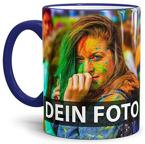 Tasse selbst individuell gestalten/Personalisierbar mit eigenem Foto bedrucken/Fototasse/Motivtasse/Werbetasse/Firmentasse mit Logo/Rand & Henkel Dunkelblau - XXL Druck