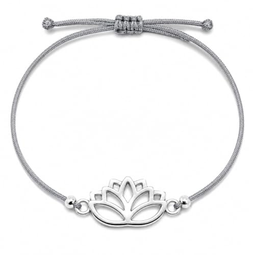 Lotus Armband Silber – Handgemachtes Makramee Armband Grau | Größenverstellbar | Lotusblüte Schmuck | Geschenk für Frauen, Freundin, Yoga, Meditation & Achtsamkeit