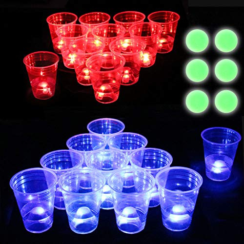 Ahuimeius The Dark Beer Pong Set, LED Beer Pong Cups with Glow-in-the-Dark Balls, 22 Cups, 22 LED Lights (11 Red, 11 Blue), 6 Balls, Glow Party Game Set