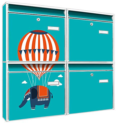 banjado Briefkastenanlage 4 Fach - Postkästen groß - verzinkter Stahl weiß DIN A4 Motiv Schwerelos - Briefkasten Set 4 Briefkästen Namensschild, 2 Schlüssel, Montagematerial