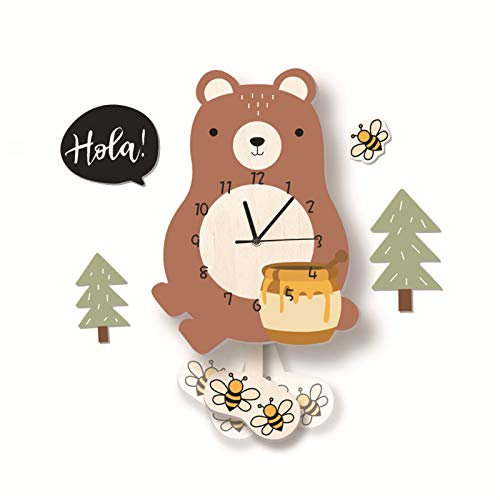 SWECOMZE Kinder-Wanduhr, Wanduhr aus Holz, Uhr ohne Tickgeräusche, Lautlos Uhrwerk, Kinderuhr, Wanddeko für das Kinderzimmer (Bär)