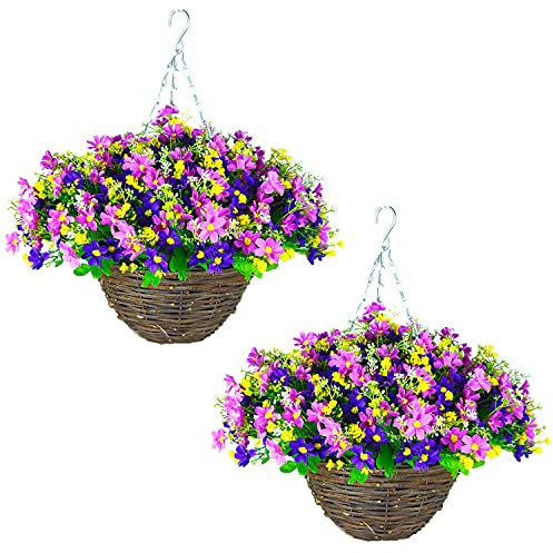 Artificial Flowers Hanging Planter Out Door,Set of 2-Artificial Flower Faux Silk Daisy Wildflowers Petunias Artificial Rattan ,Artificial Hanging Baskets (Purple)