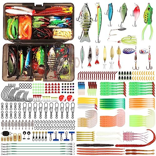 TRUSCEND Kit de Señuelos y Accesorios de Pesca con Caja de Aparejos - Crankbait, Minnow, Frog, Popper, Grub Worm, Cuchara, Spinner Bait - Jig Head, Sinker, Swivel Pesos