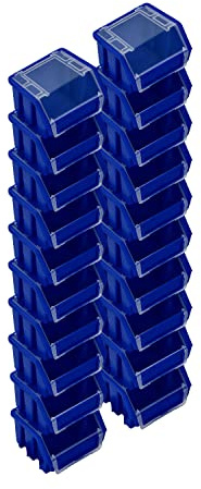 PAFEN Set med stapellådor – 20 x stapelbara lådor med lock 115 x 75 x 118 mm – genomskinlig låda för verktygsvägg, förvaringsbox, blå