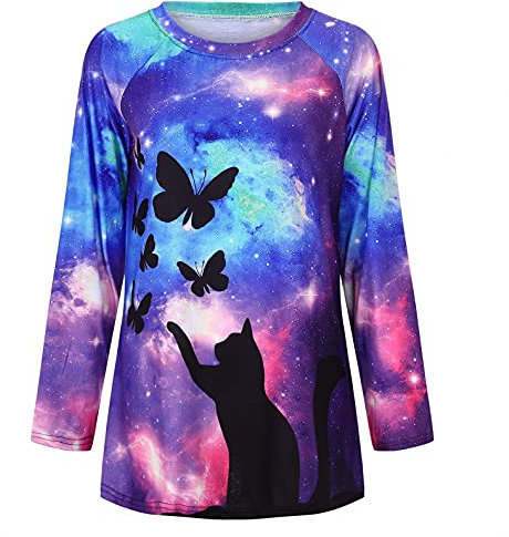 Longshirt Damen 3D Katze Print Herbst Tunika Lange Oberteile Große Größen Bedruckte Longbluse Longpullover Langarm T Shirt Casual Lose Elegant Pullover Bluse Sweatshirt Langarmshirt Tops