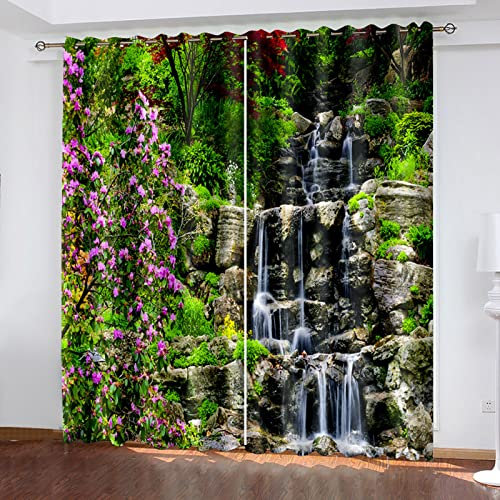 Kinder Gardinen Kinderzimmer Junge Mädchen Blickdicht Rosa Blumen Dschungel Wasserfall 140X160Cm 2Er Set Verdunkelungsvorhang Thermovorhang Hitzeschutz Vorhänge Wohnzimmer Schlafzimmer Vorhänge Mit Ö