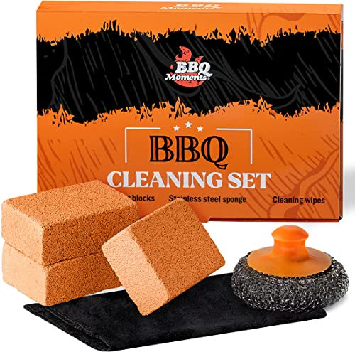 BBQ Moments Brosse Barbecue, Aacier Inoxydable Eponge Métallique Petite Brosse De Nettoyage & Bloc Grill - Griller Pierre Nettoyant Ponce 3 Pièces, Grattoir Barbecue & Serviette Compressée Set