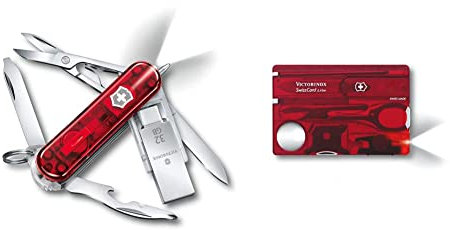 Victorinox, Taschenmesser, klein, Midnite Manager@work, 58 mm, rot transparent (11 Funktionen, Klinge, Phillips-Schraubendreher 0/1) &, Taschenmesser, klein, Swiss Card Lite, rot transparent