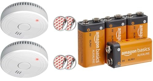ELRO FS1805 Détecteur de fumée avec 5 Ans de Batterie et Aimant - Conforme à la Norme européenne EN14604 - 2 pièces & Amazon Basics Piles alcalines 9 V pour Le Quotidien - Lot de 4