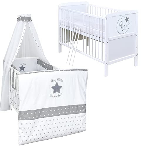 Generisch Baby Delux Babybett Komplett Set Kinderbett umbaubar zum Juniorbett weiß 140x70 Felix Bettwäsche mehrteilig (Super Star)