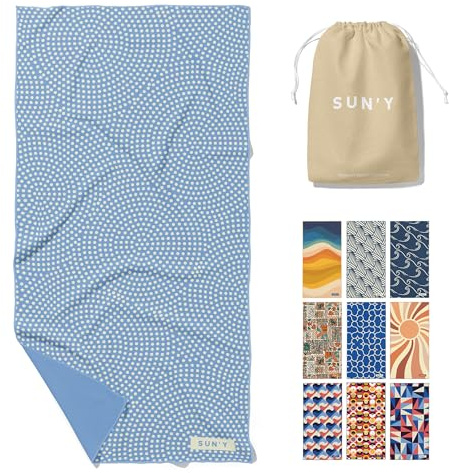 SUN'Y Waffle Microfiber Beach Towel – Sand Free, Quick Dry, Ultra Absorbent, Lightweight & Compact Travel Towel with Carry Bag - Large (63” x 31.5”), Raindrop