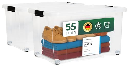 Novaliv 2x Aufbewahrungsboxen mit Deckel Groß 55L transparente Nestbar stapelbar mit Clipverschluss Rollboxen Kunststoff BPA-frei 61x40x32,5 cm