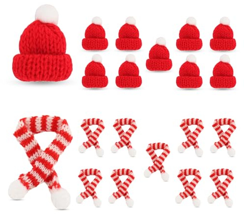 Abnaok 20 Stück Mini Weihnachtsmützen Set, Weihnachtsmütze klein und Schal Set, Mini Wichtelmütze Weihnachtsdekoration