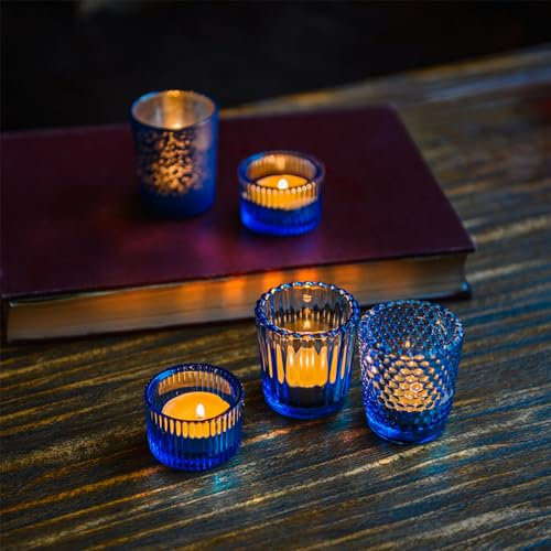 PhilaeEC Blue Candle Holders 5Pcs, Glass Vintage Small Tealight Votives Candelabra Bulk, Home &Bathroom & Dining Living Room Decor Centrepieces for Table (Set of 5)