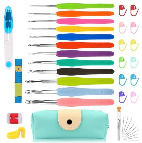 VFANDV Häkelnadel Set, 12 Stück Häkelnadel Mit Ergonomischem Softgriff Häkeln Stricken Nadeln Kit mit Tragbaren Tasche Häkelset für Anfänger und Profis Maschenmarkierern(2.0-8.0mm)