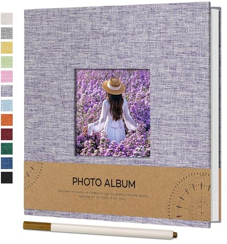 Vienrose Kleines Selbstklebendes Fotoalbum, 40 Seiten, 17x18 cm, Lila | Leinen Photo Album, Fotoalbum Selbstklebend zum Einkleben 10x15, Hochzeit Jahrestag Geburtstag Fotoalben mit Metallstift