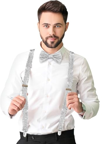 Tulov Set di 2 bretelle con paillettes e papillon da uomo - Regolabili ed elastiche, outfit glitterato per Capodanno, carnevale, discoteca, feste a tema, accessori per costumi JGA, argento