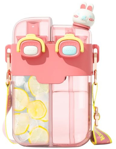 Cute Water Bottle for Kids: 26oz Kawaii Water Bottle for Girls, Funny Bear Water Bottles with Straw and Strap, Dual Compartments Leak-proof Plastic Drinking Cup for School Sport Travel (Pink)