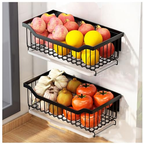 PIPOEI Panier à Fruits et Légumes, Panier de Rangement de Fruits et Legumes Suspendu Au Mur, Panier de Rangement Mural pour Fruits pour Oignons et Légumes Black- 3 Set,30CM