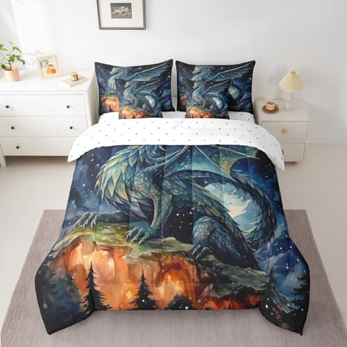Feelyou Drachenbett in einer Tasche, Safari-Tier-Bettwäsche-Set mit Bettlaken für Kinder, Jungen, Mädchen, fliegender Drache, 7-teiliges Bettwäsche-Set, magisches Dinosaurier-Bett-Set