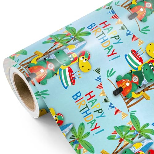 WRAPAHOLIC Geburtstags-Dinosaurier-Geschenkpapierrolle – Mini-Rolle – 43,2 cm x 2,5 m – Dinosaurier und Happy Birthday Geschenkpapier, perfekt für Mädchen, Kinder, Jungen, Babyparty, Party, Urlaub