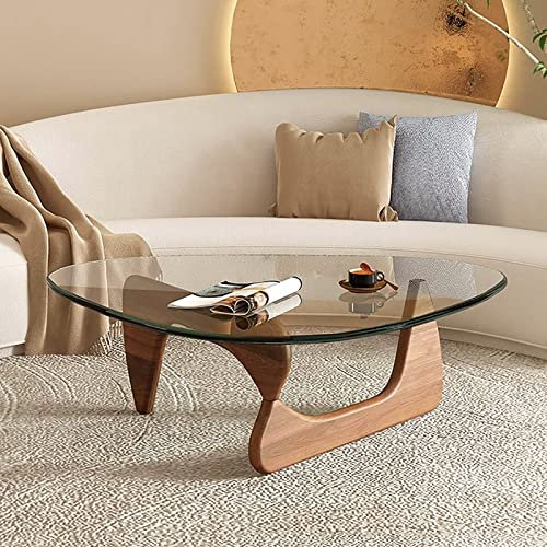 wanghaiyanBD Table basse triangulaire avec plateau en verre, table d'appoint abstraite moderne du milieu du siècle avec base en bois, petite table centrale pour salon, bureau à domicile, 91,4 x 64,8 x