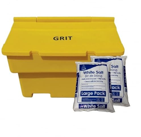 BiGDUG Essentials Salt Grit Bin - Heavy Duty Stackable Salt & Grit Storage Box - 200L Capacity Yellow - 1020W x 520D x 720H mm (1 Box & 4 Salt Bags)