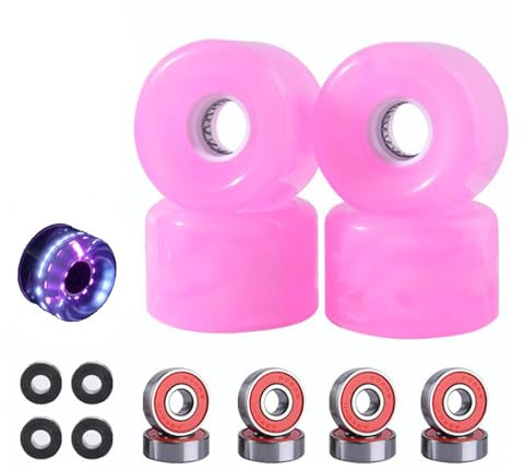 ANWEALTH 78A weiche Longboard Rollen 65 mm Skateboard Rollen mit Kugellagern 4er Set Cruiser Rollen Skateboard LED Beleuchtung glattes PU (pink Flash)