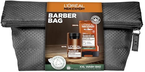 L'Oréal Men Expert Bartpflege-Set für Männer, Geschenkset mit Gesichtscreme, Duschgel und Kulturbeutel, Geschenke für Herren mit Zedernholzöl, Barber Club, 1 x 50 ml, 1 x 250 ml